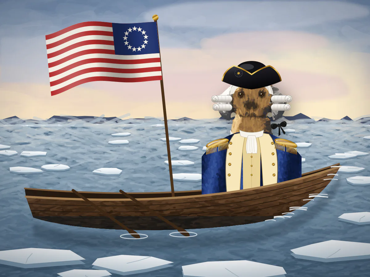 Sample illustration of a labrador dressed as George Washington standing in the bow of a rowing boat with a 13-star flag, crossing an icy river at dawn