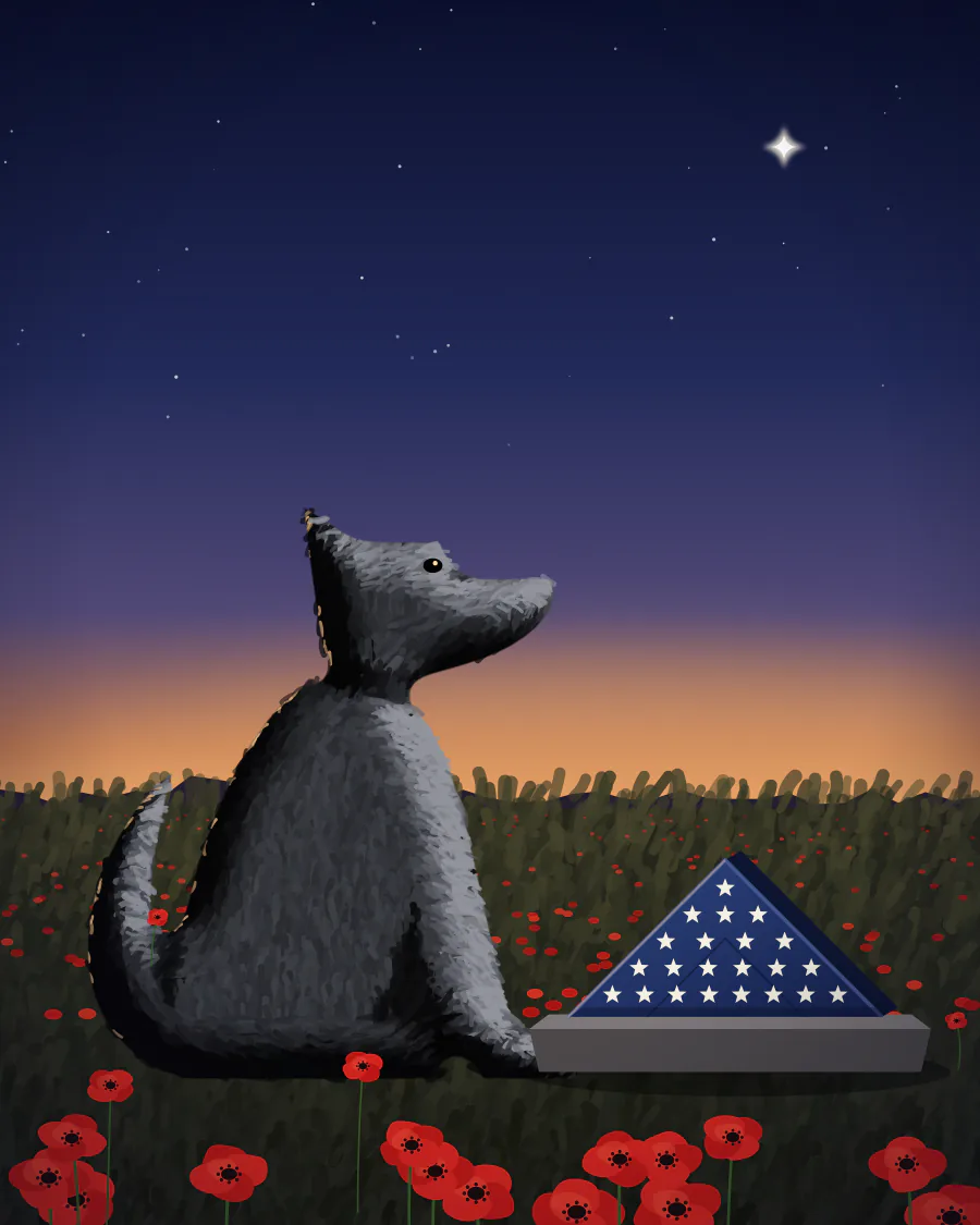 Sample illustration of a black dog sitting quietly beside a folded US flag and red poppies at dusk