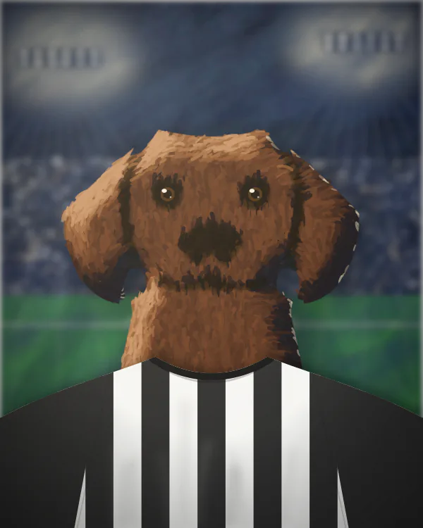 Sample of a dog in a plain black and white striped football shirt