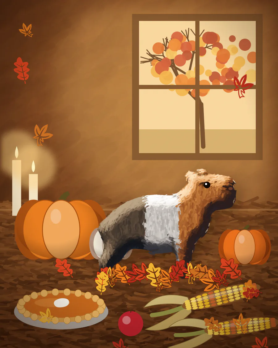 Sample illustration of a guinea pig beside a harvest table with pumpkins, corn, a pie and fall leaves in warm amber light