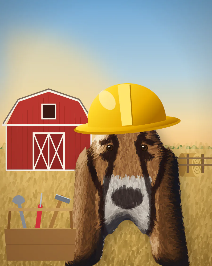 Sample illustration of a basset hound in a yellow hard hat with a box of tools beside a red barn in late-summer light